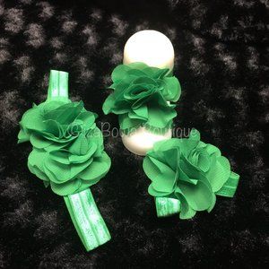 Green Large Mum Flower Barefoot Sandals & Headband Set    BFS168  Handmade NWT